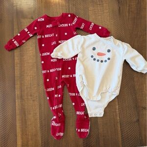 Christmas Bundle Snowman Romper and Merry & Bright Footie Size 9M and 12M